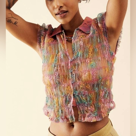 FREE PEOPLE Julie In Tropical Sunset Combo Smocked Mesh Boho Top RARE NWT